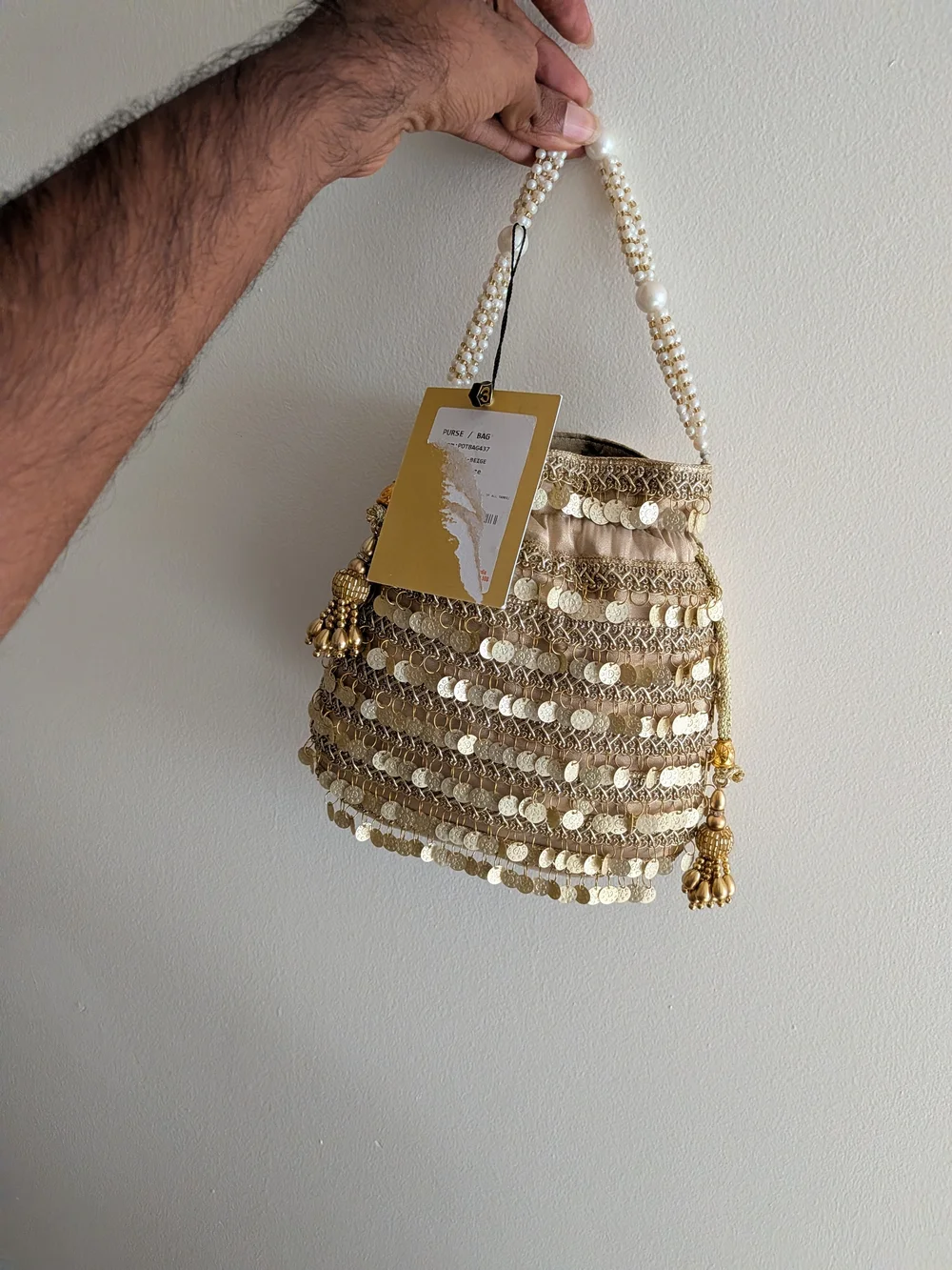 Gold Sequin Drawstring Evening Wristlet with Pearl Handle
